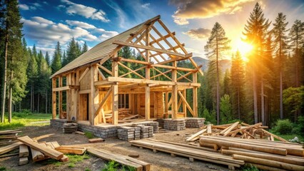 A wooden frame house under construction in a forest setting with a bright, sun-drenched sky.  The golden hour illuminates the scene, casting long shadows.