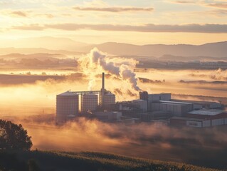 Vast processing plant with agricultural fields in the distance, bathed in the soft golden hues of sunrise.
