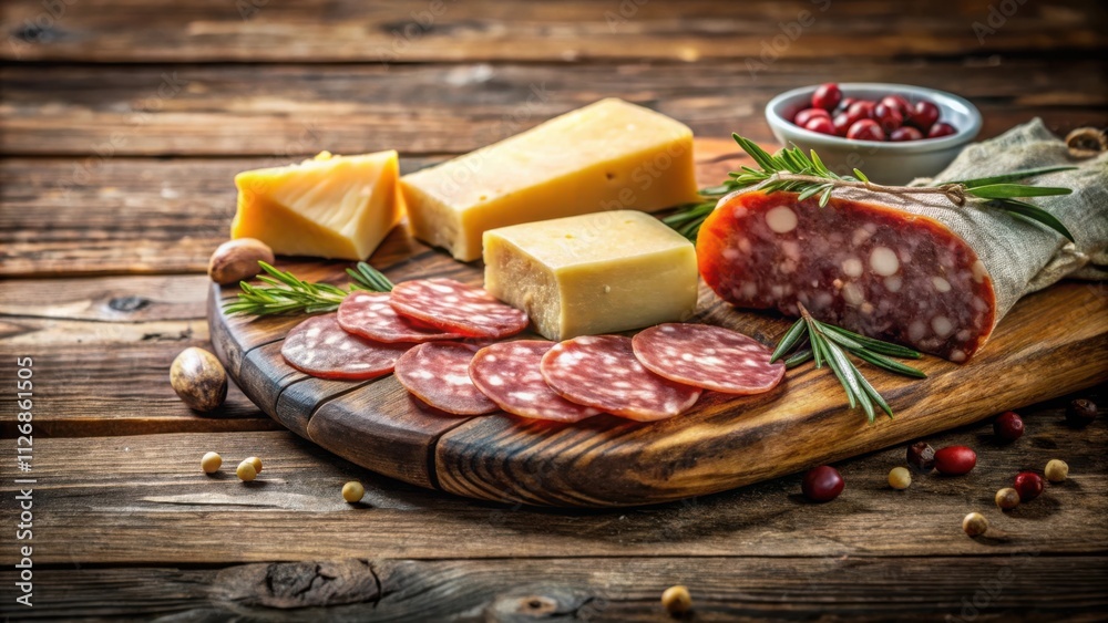 Poster a rustic wooden board adorned with slices of salami, cubes of cheese, and sprigs of rosemary, all ar