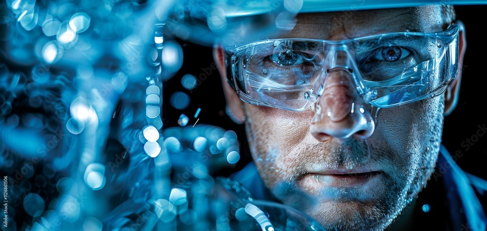 Poster a focused worker wearing protective glasses, surrounded by splashes of water, highlighting safety an