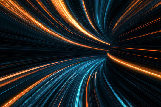 A futuristic neon background with parallel glowing lines in blue and orange, creating a tunnel-like illusion.