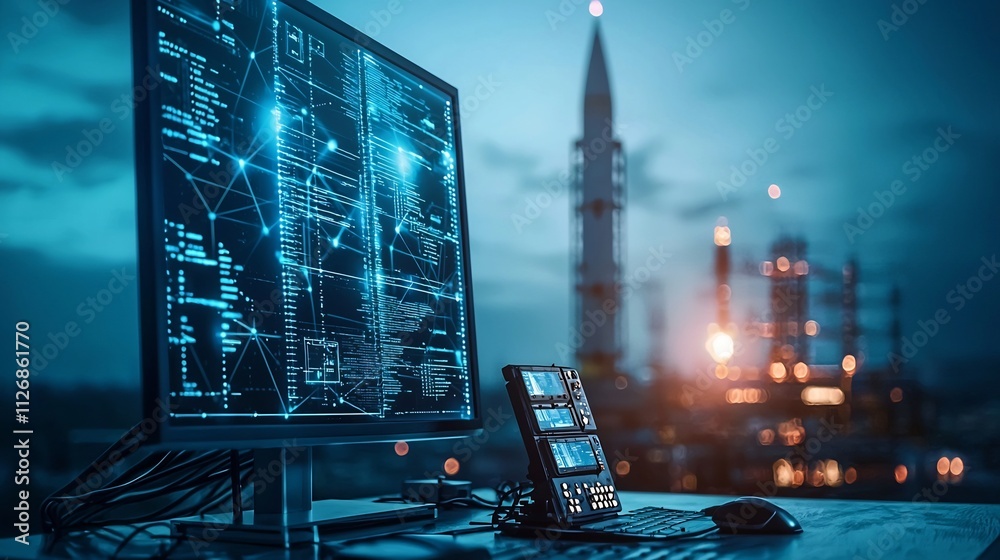 Poster a photograph showcasing a missile defense system seamlessly integrated into a digital network repres