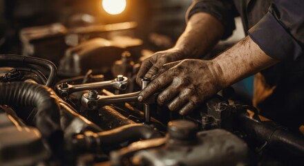 Car mechanic repairing engine in auto repair shop