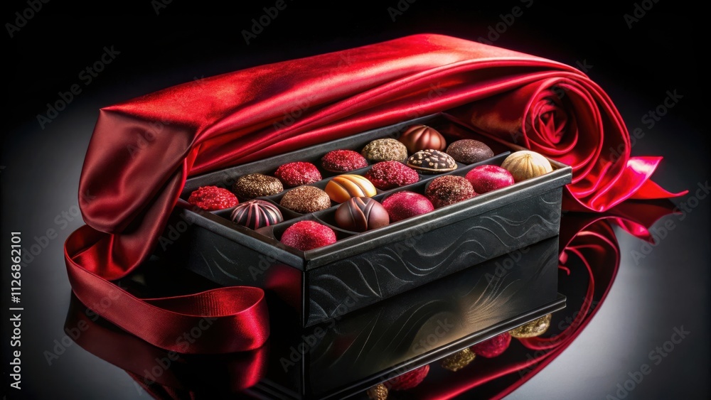Poster a black box filled with chocolate truffles covered in red and gold glitter wrapped in a soft red sat