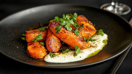 A plate of roasted carrots garnished with fresh parsley and olive oil.