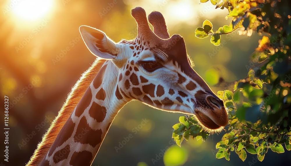 Wall mural Giraffe eating leaves with vibrant colors, soft lighting, serene savannah setting