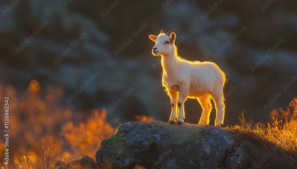 Wall mural Goat standing on rock with vibrant lighting, soft glow, peaceful mountain setting