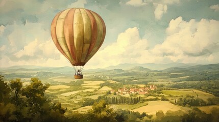Fototapeta premium Hot Air Balloon Soaring Over Tuscan Countryside Village