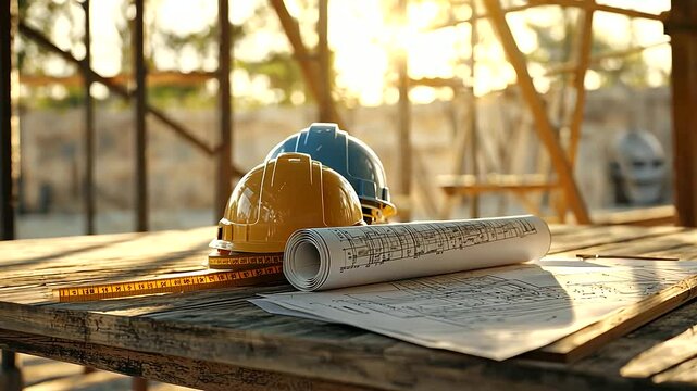 Safety Helmets and Blueprints on Wooden Table at Construction Site