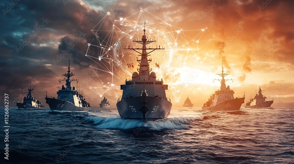 Poster a photograph of a naval fleet with ships connected by digital network overlays representing advanced