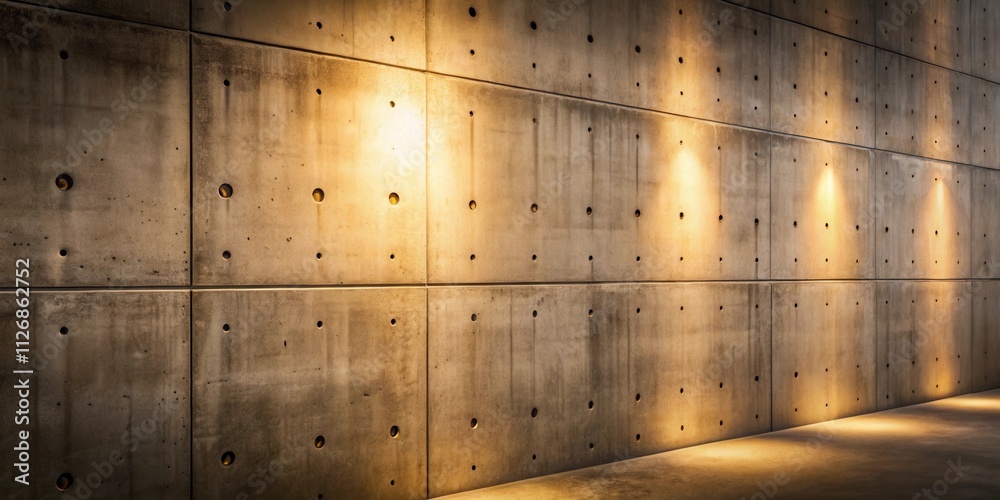Leinwandbilder A textured concrete wall with a geometric pattern of round indentations, illuminated by three spotlights casting warm shadows on the ground.