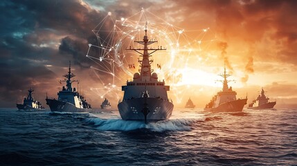 A photograph of a naval fleet with ships connected by digital network overlays representing advanced communication and coordination systems with copy space at the bottom for text or branding