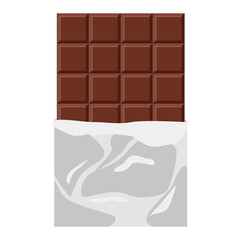 Dark Chocolate bar partially wrapped in silver foil. Vector illustration.