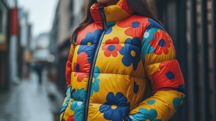 a colorful puffer jacket with a flower pattern