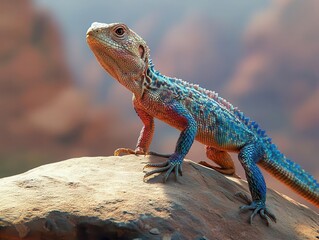 Lizard standing on rock with vibrant scales, soft lighting, peaceful desert atmosphere