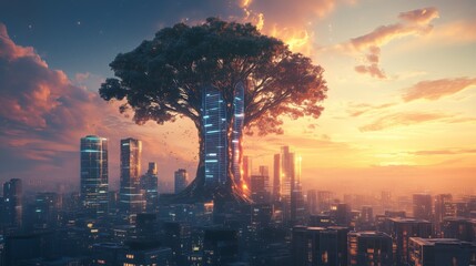 Fototapeta premium Solar-powered giant trees in a futuristic urban landscape