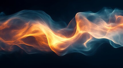 Obraz premium Abstract wavy flow of orange and blue energy, glowing particles on dark background.