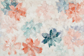 A pastel background of delicate floral motifs in pale teal, soft coral, and muted lavender on a creamy canvas.