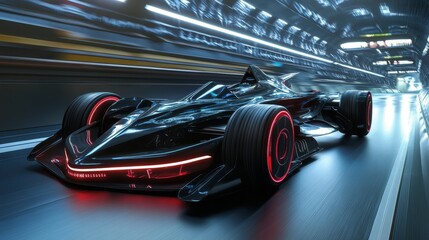 A futuristic racing car speeding through a high-tech environment.