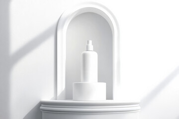A clean, minimalistic 3D render of a product display pedestal, with smooth, elegant curves and a modern design, suitable for showcasing cosmetics products.