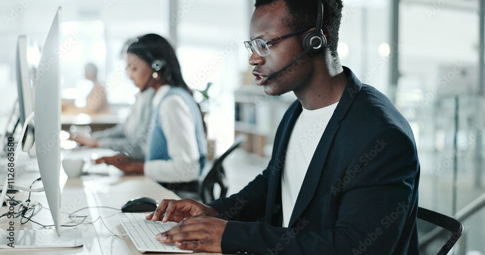 Poster call center, consulting and typing with black man in support office for customer service. computer, 
