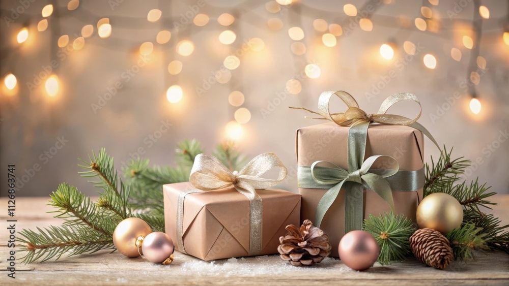 Poster festive gift boxes decorated with satin ribbons and pine branches surrounded by christmas ornaments 