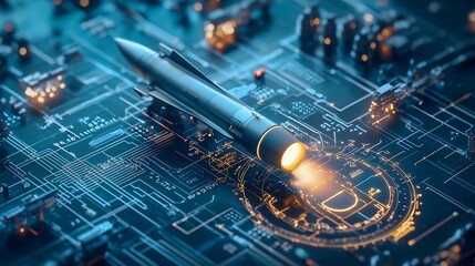 Advanced futuristic missile defense network interface system with glowing digital user interface icons and space for text overlay  style military control and monitoring concept