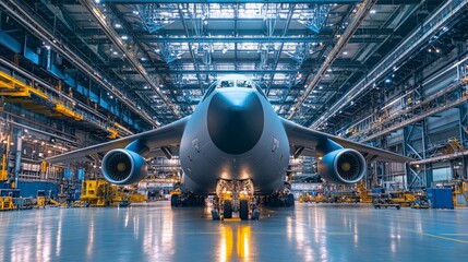 Massive aircraft production event aerospace manufacturing facility industrial photography modern workshop ground level engineering marvel