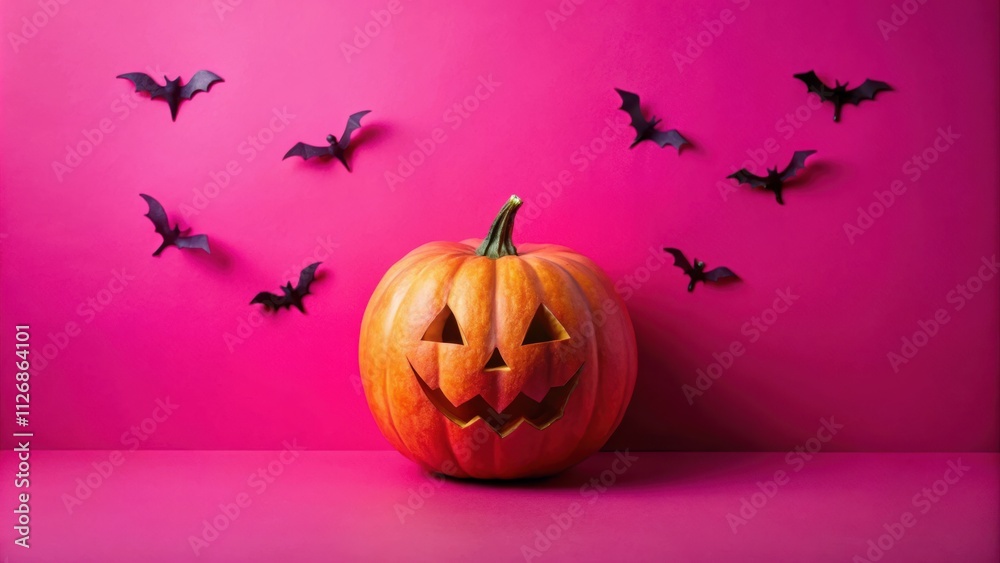 Poster a happy jack-o'-lantern with a grin and a flock of bats on a vibrant pink background