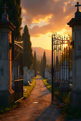 A cemetery gate at sunset with trees and gravestones - AI generated