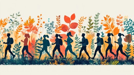 Participants engage in rucking along a scenic path surrounded by colorful foliage during a sunny day, showcasing teamwork and fitness in nature