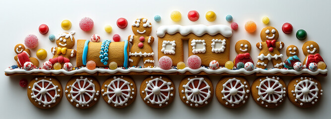 Festive gingerbread train decorated with colorful candies and icing