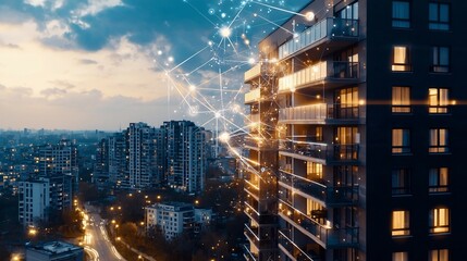 Obraz premium Photograph of a modern pet friendly apartment building featuring a network of integrated smart systems and amenities including security energy management and pet care solutions