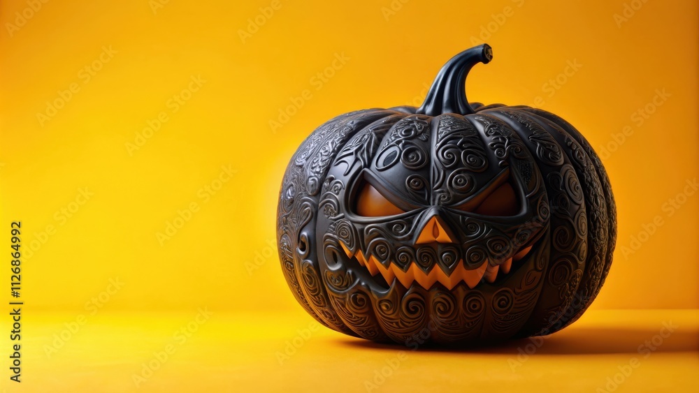 Poster a menacing black pumpkin carved with intricate patterns, illuminated from within, against a vibrant 