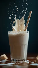Fototapete Rund A frothy glass of milk being enjoyed through a striped straw. © Mrammon