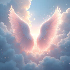 Pastel colored wings in the clouds - Rest in peace image - In loving memory - Anniversary Mass invitation - AI generated 