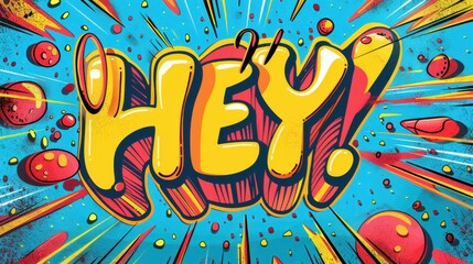 Vector illustration of a comic speech bubble with "HEY!" text, colorful pop art style, and dynamic design