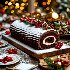 Chocolate yule log christmas cake on table with Christmas decorations. Traditional dessert of Christmas time.