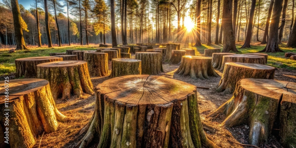 Poster golden sunlight filters through the trees, illuminating a pathway of weathered tree stumps, a remind