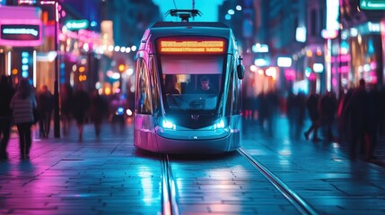 Naklejka premium A modern tram travels through a vibrant, illuminated city street at dusk.