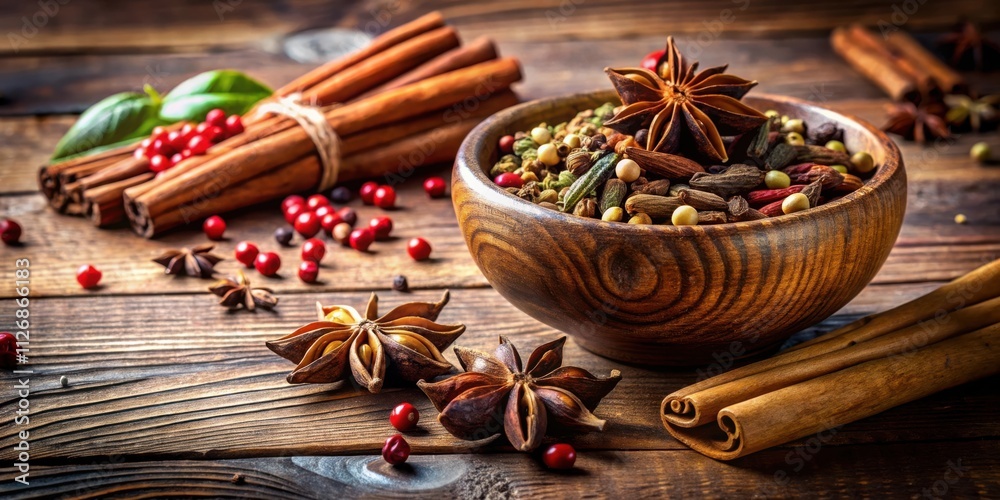 Poster a rustic still life of aromatic spices in a wooden bowl, accompanied by cinnamon sticks and red pepp