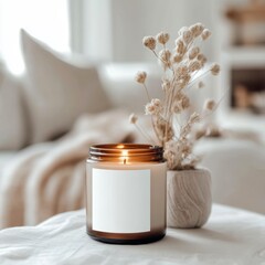 A cozy candle surrounded by dried flowers, creating a warm and inviting atmosphere in a modern interior setting.