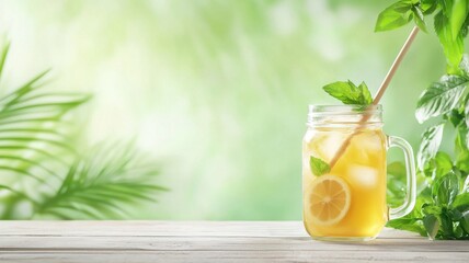 Matcha lemon concept. Refreshing citrus drink in a glass jar with mint and lemon.