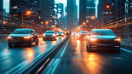 Futuristic cityscape with self driving autonomous vehicles connected by a glowing network of smart transportation infrastructure  Showcasing the vision of a modern