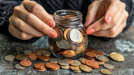 Woman Saving Coins In A Glass Jar
