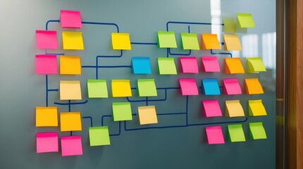 Colorful sticky notes on a glass wall showcasing brainstorming and collaboration in a modern office.