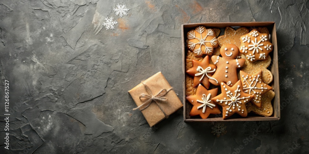 Poster a rustic wooden box overflowing with gingerbread cookies, decorated with delicate icing and snowflak