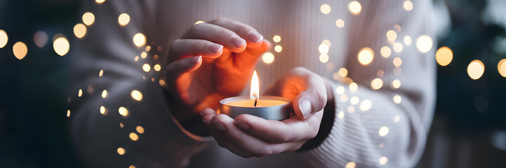 Warm candlelight held gently in hands surrounded by a soft glow, creating a serene atmosphere at night