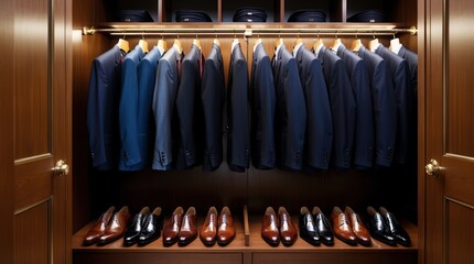 Elegant wardrobe featuring neatly arranged suits in various shades, complemented by polished shoes, conveying sophistication and luxury in organization.