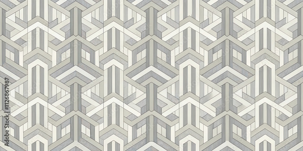Leinwandbilder Abstract Geometric Pattern with Interlocking Lines and Shapes in Shades of Gray and White